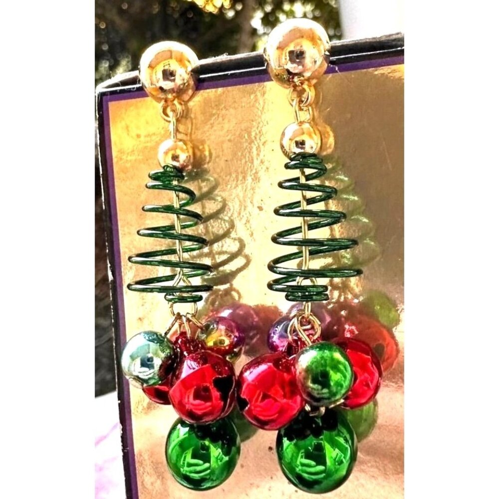 Christmas Tree Earrings New Handmade Jingle Bells Dangle Posts Festive P…
